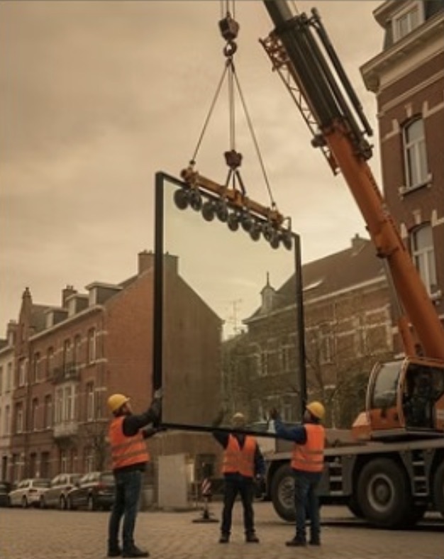 Levage d'un grand vitrage par grue sur chantier